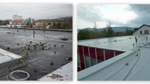 Rekonštrukcia havarijného stavu časti strešného plášťa MŠ Štefánikova - pred a po