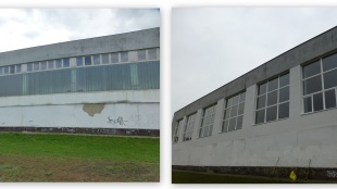 Rekonštrukcia strechy, fasády a okien telocvične ZŠ SNP - pred a po