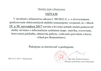 Oznam o dočasnom prerušení poskytovania elektronických služieb