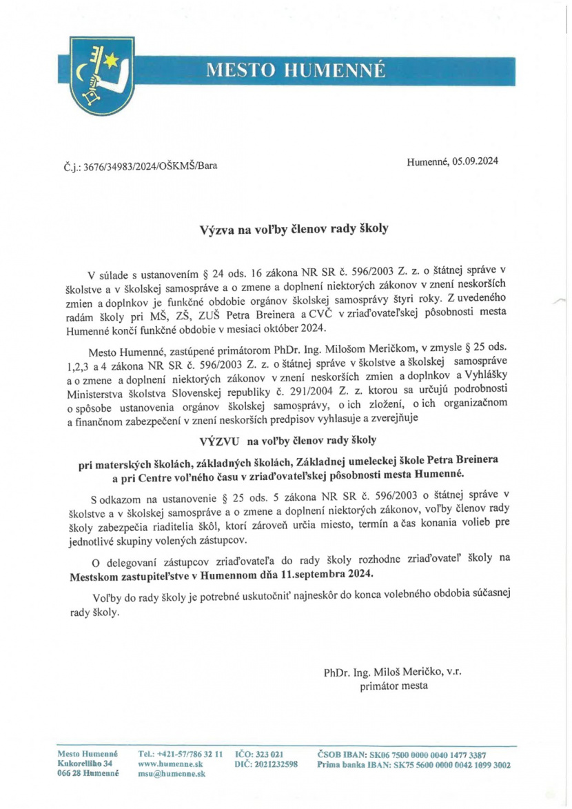 Výzva na Voľby členov rady školy pri MŠ, ZŠ, ZUŠ PB, CVČ