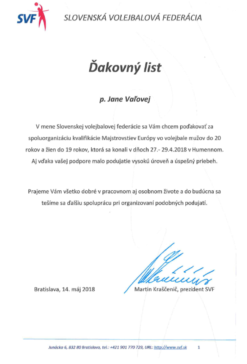 Ďakovný list prezidenta SVF