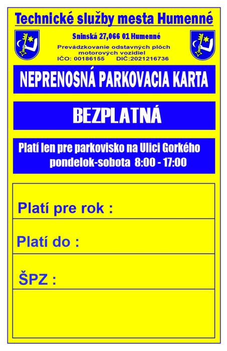 Neprenosná parkovacia karta - Gorkého ulica