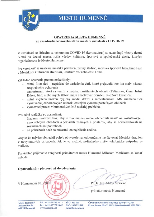 Opatrenia mesta Humenné zo zasadnutia krízového štábu mesta v súvislosti s COVID-19