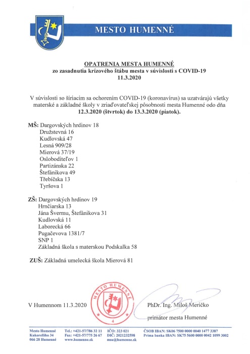 Opatrenia mesta Humenné - uzatvorenie MŠ a ZŠ