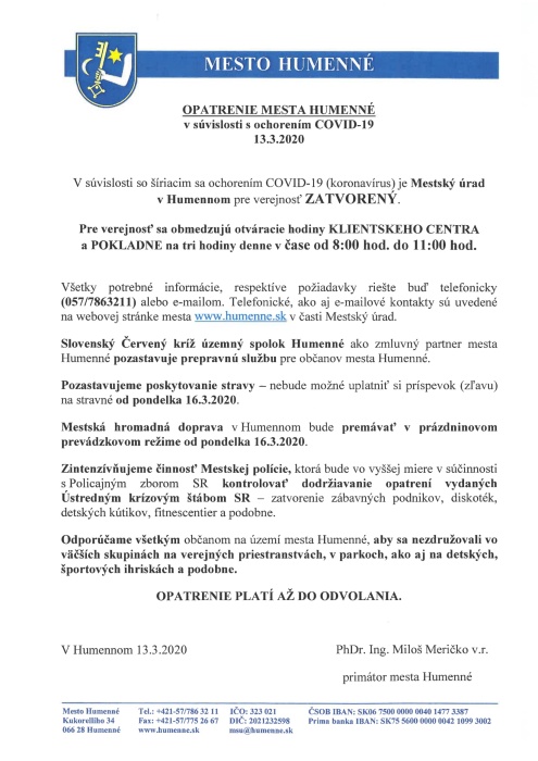 KRÍZOVÝ ŠTÁB: Opatrenia mesta Humenné