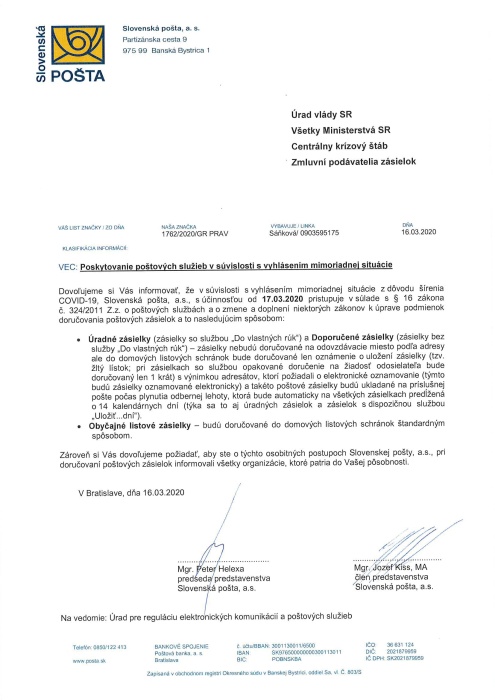 SLOVENSKÁ POŠTA v mimoriadnej situácii