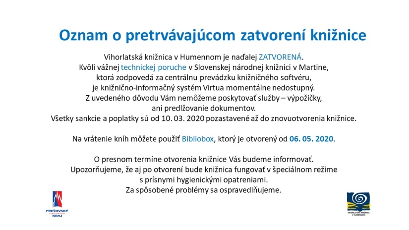 Vihorlatská knižnica naďalej ZATVORENÁ