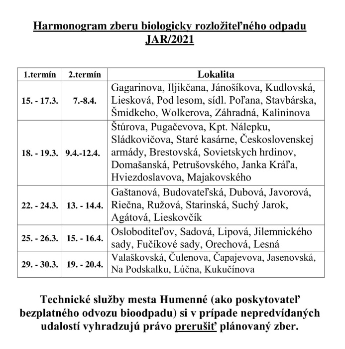 Harmonogram zberu biologicky rozložiteľného odpadu - JAR/2021