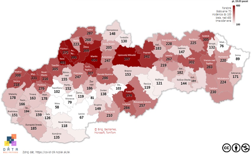 Mapa okresov - 7-dňová incidencia na 100 tisíc obyvateľov