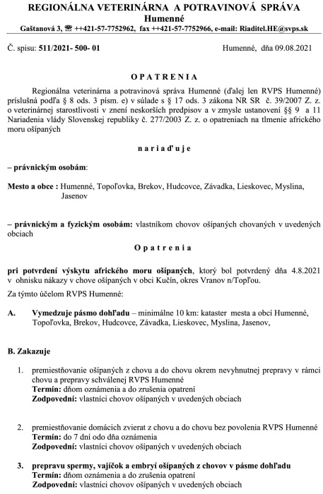 POTVRDENÝ VÝSKYT AMO: Opatrenia pre Humenné a 7 obcí