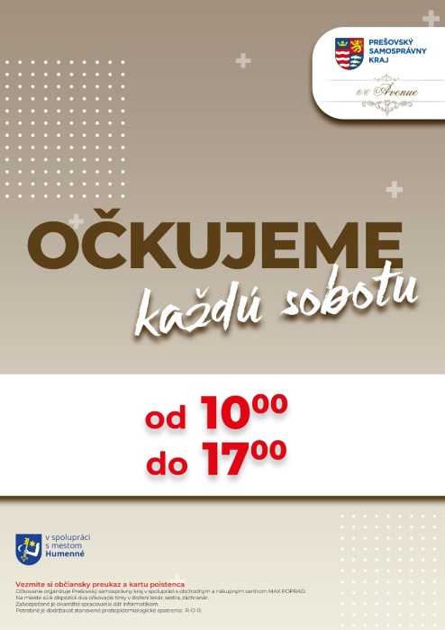Očkovanie aj bez pozvania - každú sobotu (10:00 - 17:00 hod.)