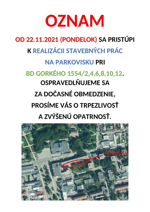 Rekonštrukcia parkovacieho miesta Gorkého ulice - oznam