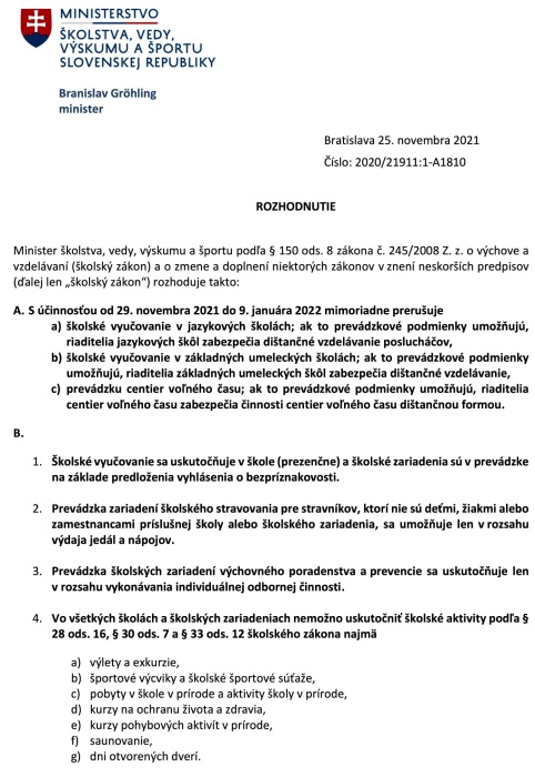 Rozhodnutie ministra školstva s účinnosťou od 29:11.2021