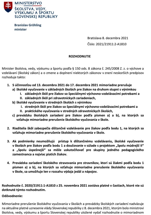 Rozhodnutie ministra školstva s účinnosťou od 13:12.2021