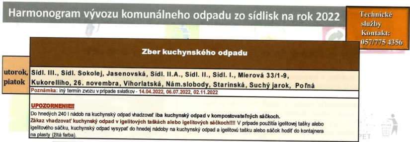 Harmonogram vývozu kuchynského odpadu zo sídlisk