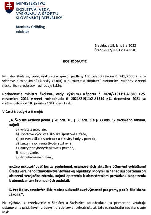 ŠKOLSTVO: Rozhodnutie ministra s účinnosťou od 19.1.2022