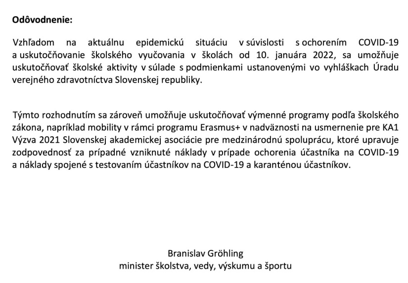 ŠKOLSTVO: Rozhodnutie ministra s účinnosťou od 19.1.2022