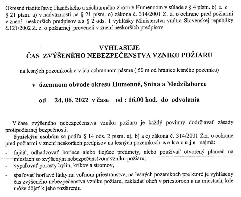OZNAM: Čas zvýšeného nebezpečenstva vzniku požiaru