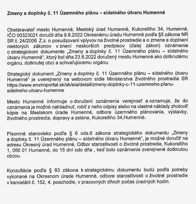 ZMENY a DOPLNKY č.11 Územného plánu – sídelného útvaru Humenné