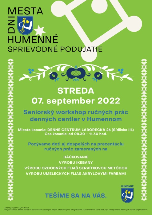Dni mesta Humenné 2022 - sprievodné podujatia - seniori worshop