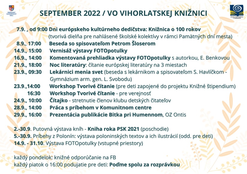 Vihorlatská knižnica - program september 2022