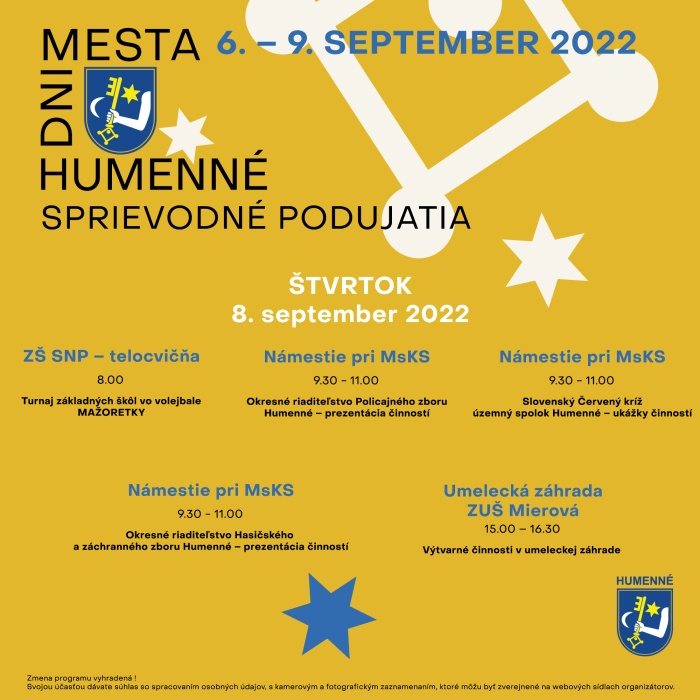 Dni mesta Humenné 2022 - sprievodné podujatia (8.9.)