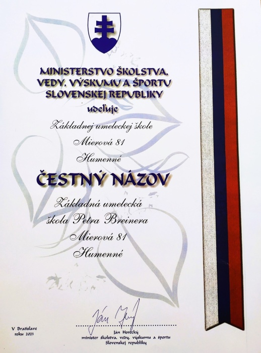 Certifikát udelenia Čestného názvu ZUŠ MIerová