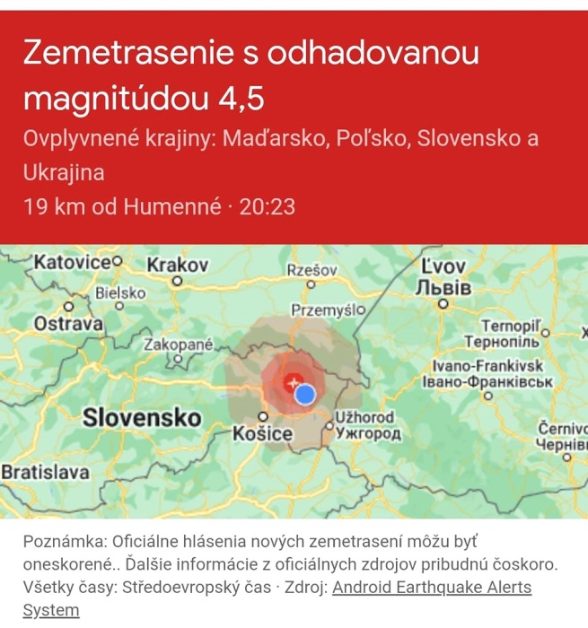 Zemetrasenie v Humennom! Pondelok 9.10.2023