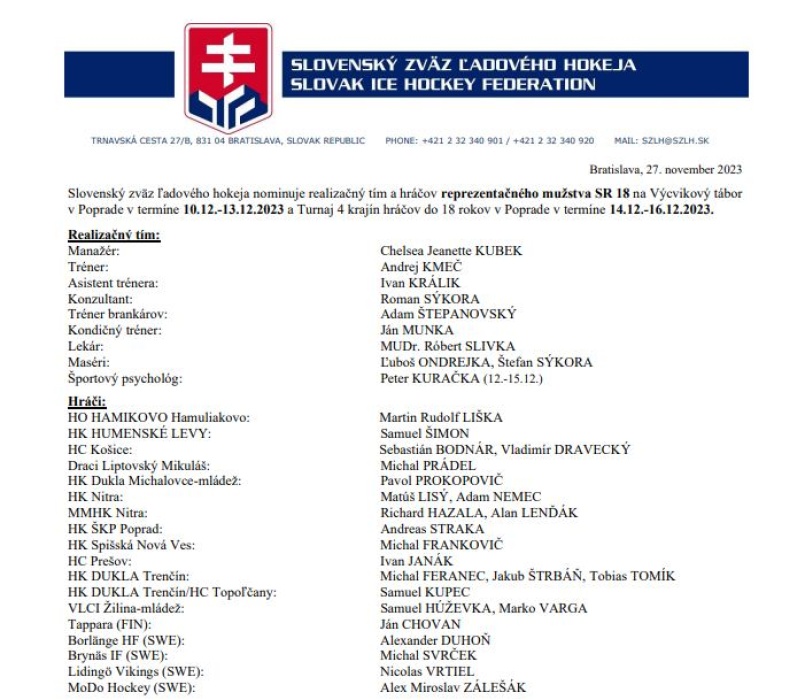HK Humenské Levy reprezentačne