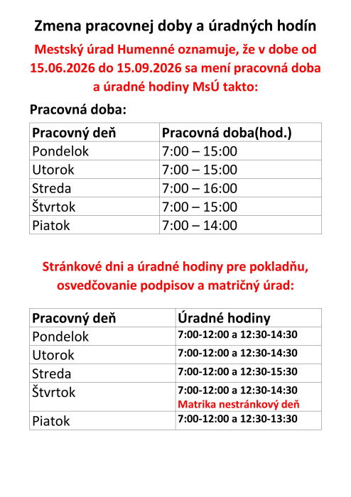 ZMENA pracovného času a úradných hodín (jún - september)