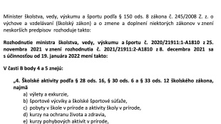 ŠKOLSTVO: Rozhodnutie ministra s účinnosťou od 19.1.2022