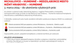VÝLUKA: predĺženie náhradnej autobusovej dopravy do Michaloviec a N. Hrabovca
