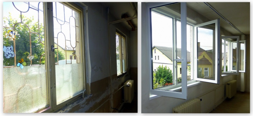 Výmena okien v pavilóne E Základnej umeleckej školy v Humennom - pred a po