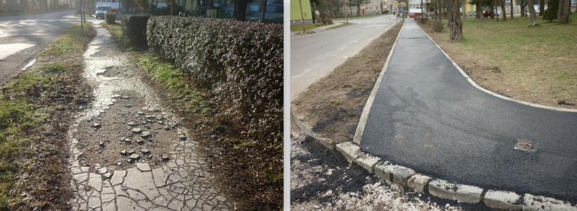 Rekonštrukcia chodníka na ul. Osloboditeľov pri parčíku - pred a po