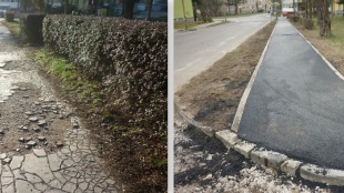Rekonštrukcia chodníka na ul. Osloboditeľov pri parčíku - pred a po